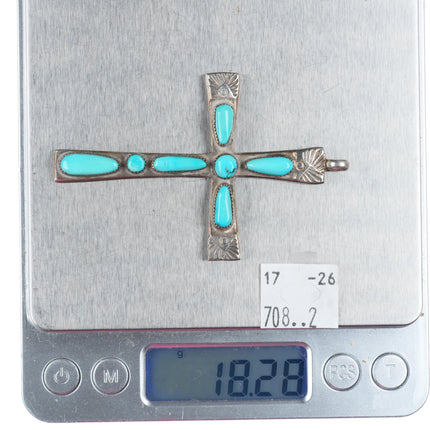 Horace Iule Zuni sterling silver turquoise stamped cross pendant