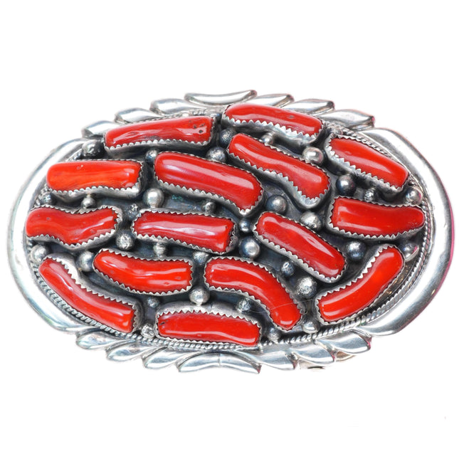1.75" Les Baker Shop Navajo sterling silver vintage red coral belt buckle