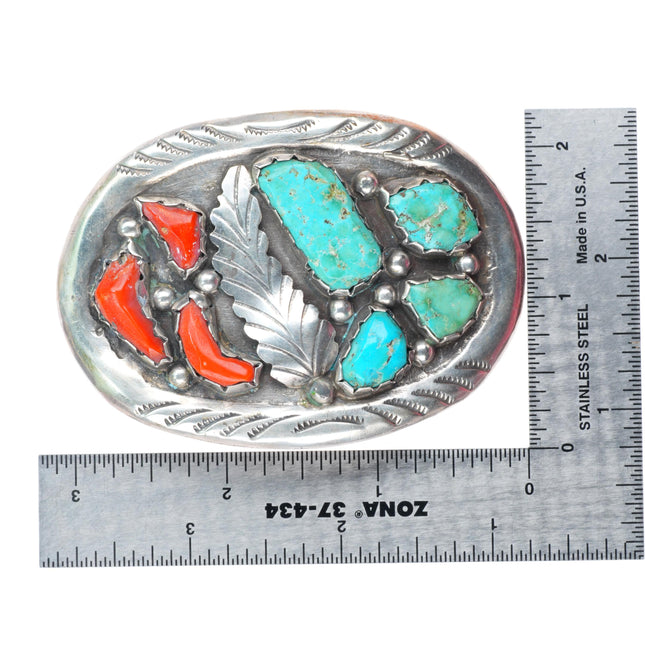 1.5" Angie Cheama Zuni sterling silver vintage turquoise and coral belt buckle