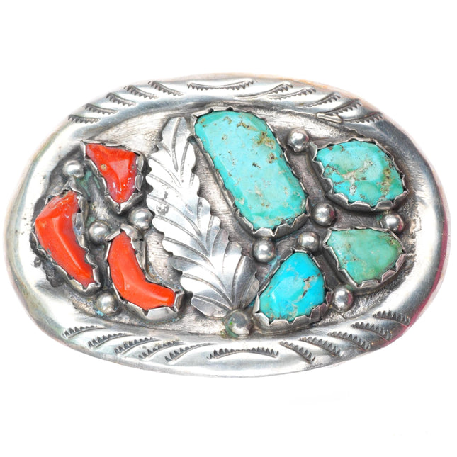 1.5" Angie Cheama Zuni sterling silver vintage turquoise and coral belt buckle