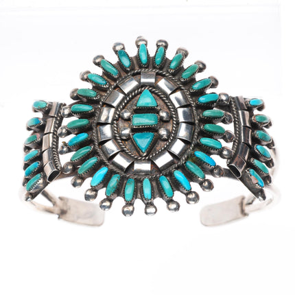 7.1" Vintage BE Zuni sterling silver needlepoint turquoise cuff bracelet