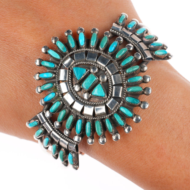 7.1" Vintage BE Zuni sterling silver needlepoint turquoise cuff bracelet