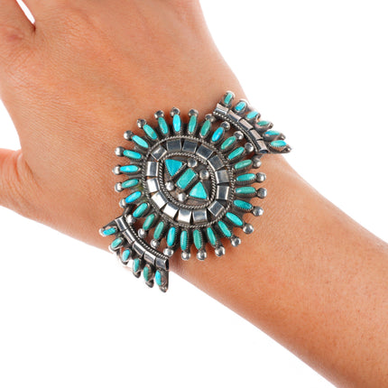 7.1" Vintage BE Zuni sterling silver needlepoint turquoise cuff bracelet