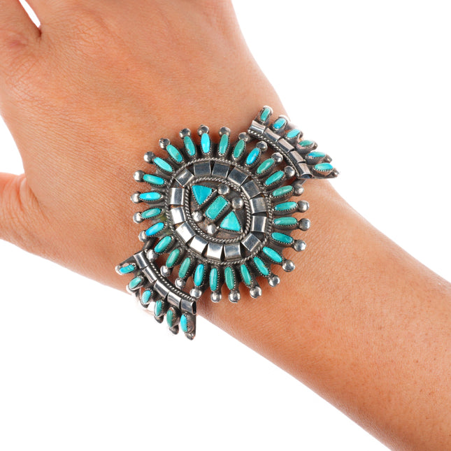 7.1" Vintage BE Zuni sterling silver needlepoint turquoise cuff bracelet