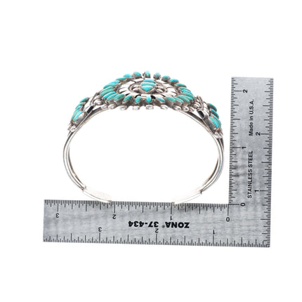 7.1" Vintage BE Zuni sterling silver needlepoint turquoise cuff bracelet