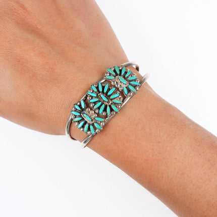 6" vintage Zuni sterling silver needlepoint turquoise cluster cuff bracelet