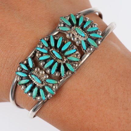 6" vintage Zuni sterling silver needlepoint turquoise cluster cuff bracelet