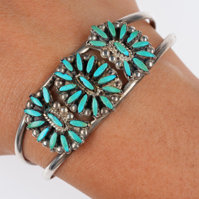 6" vintage Zuni sterling silver needlepoint turquoise cluster cuff bracelet