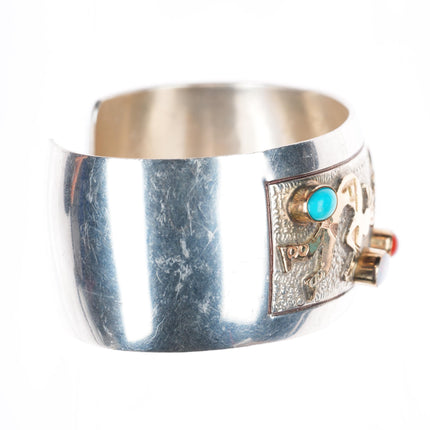 6" Wilber Yazzie Navajo sterling silver turquoise coral Kokopelli cuff bracelet