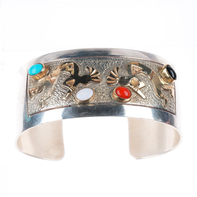 6" Wilber Yazzie Navajo sterling silver turquoise coral Kokopelli cuff bracelet