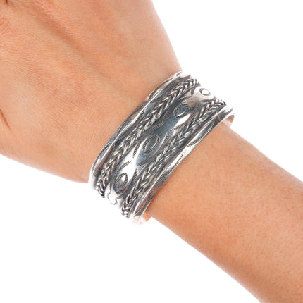 6.6" vintage Navajo deep stamped carinated woven sterling silver cuff bracelet