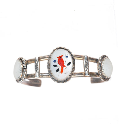 6.1" vintage Zuni sterling silver shell redbird Cardinal inlay cuff bracelet