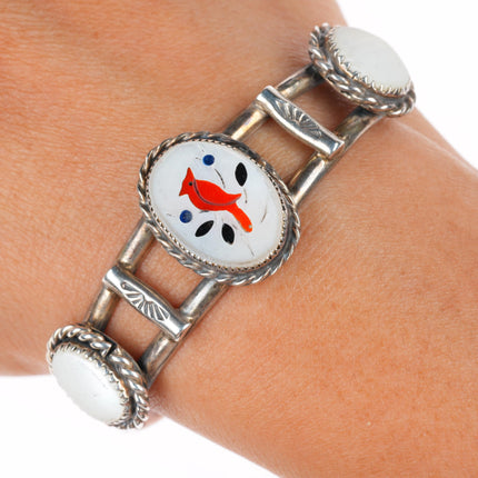 6.1" vintage Zuni sterling silver shell redbird Cardinal inlay cuff bracelet