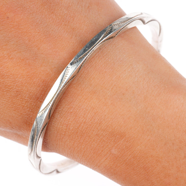 8.5" vintage Tahe Navajo sterling silver hand stamped bangle bracelet