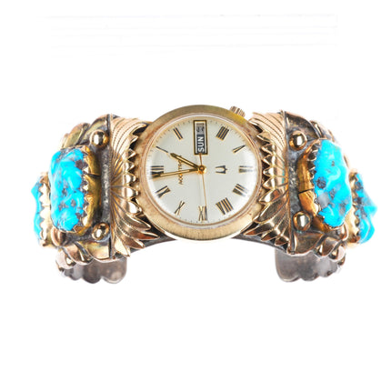 7.5" Robert-Bernice Leekya 14k gold-Sterling silver-turquoise watch cuff bracelet