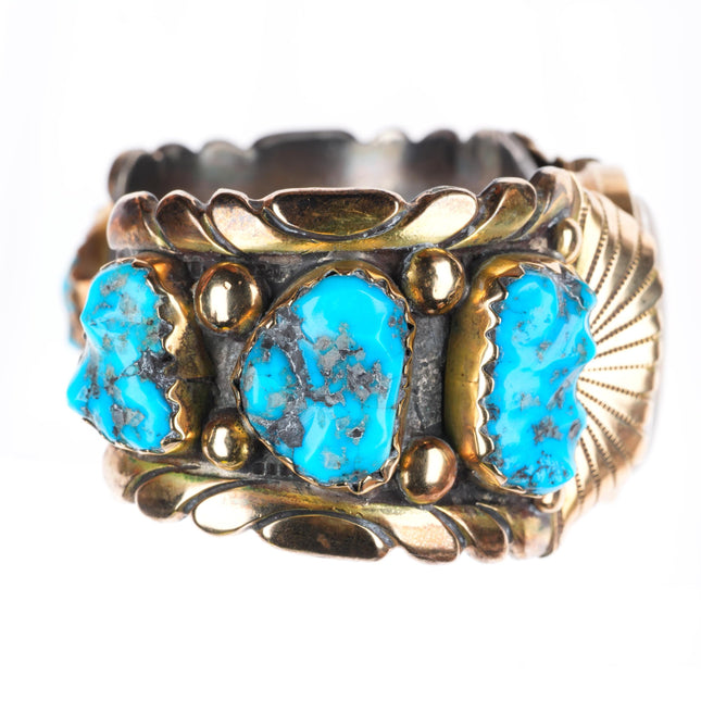 7.5" Robert-Bernice Leekya 14k gold-Sterling silver-turquoise watch cuff bracelet