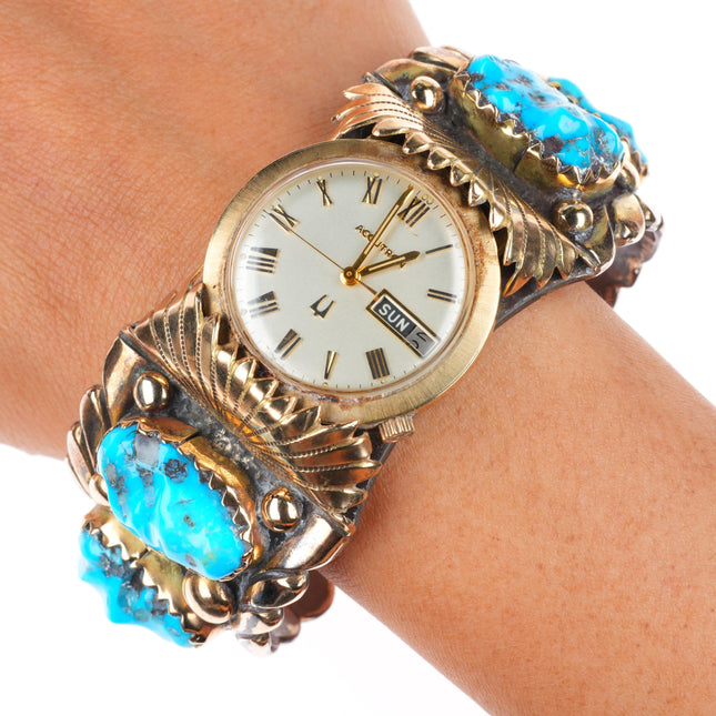 7.5" Robert-Bernice Leekya 14k gold-Sterling silver-turquoise watch cuff bracelet