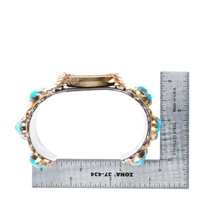 7.5" Robert-Bernice Leekya 14k gold-Sterling silver-turquoise watch cuff bracelet
