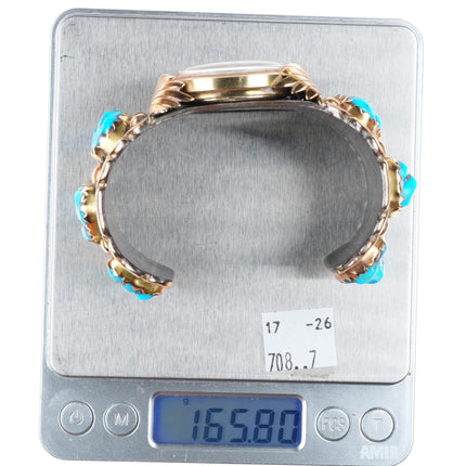 7.5" Robert-Bernice Leekya 14k gold-Sterling silver-turquoise watch cuff bracelet