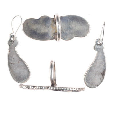 Lowsayatee Zuni sterling silver coral inlay necklace, cuff bracelets, rings set