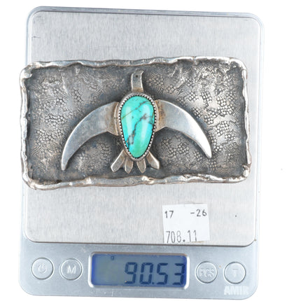 1.5" Chief Shatka Bear-Step sterling silver thunderbird belt buckle w/ turquoise