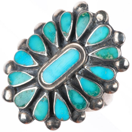 sz8 40's-50's Vintage Zuni sterling silver flush inlay turquoise cluster ring