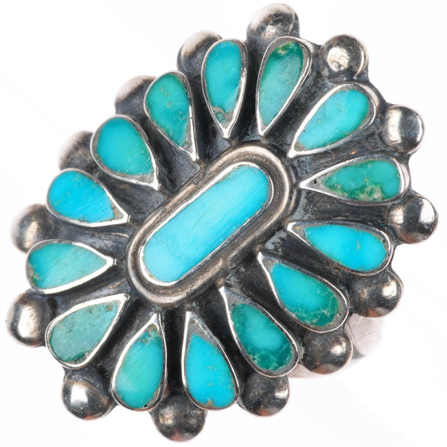 sz8 40's-50's Vintage Zuni sterling silver flush inlay turquoise cluster ring