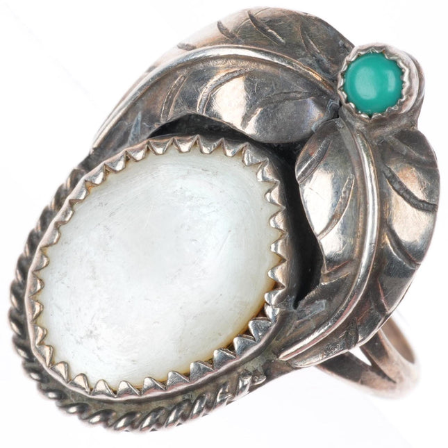 sz5 vintage Navajo sterling silver mother of pearl snake eye turquoise ring