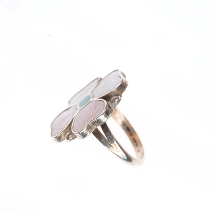 sz7.5 vintage Zuni sterling silver turquoise/shell dogwood inlay ring