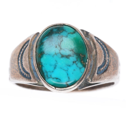 sz9.5 vintage Navajo sterling silver high grade turquoise stamped sides ring