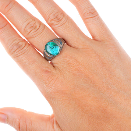 sz9.5 vintage Navajo sterling silver high grade turquoise stamped sides ring
