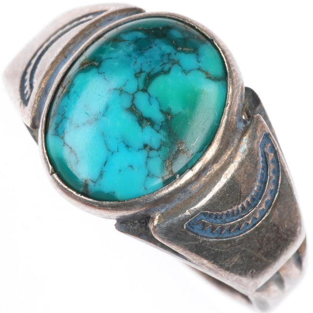 sz9.5 vintage Navajo sterling silver high grade turquoise stamped sides ring