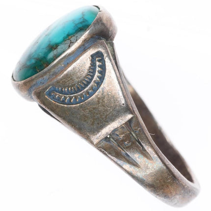 sz9.5 vintage Navajo sterling silver high grade turquoise stamped sides ring