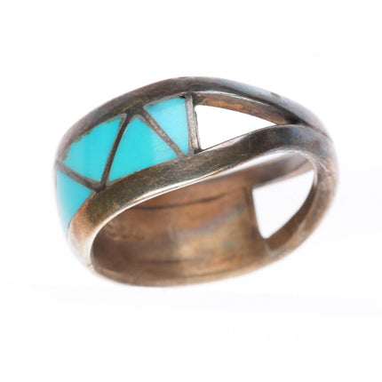 sz9.25 vintage Peshlakai Navajo sterling silver flush inlay turquoise ring