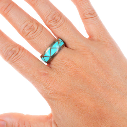 sz9.25 vintage Peshlakai Navajo sterling silver flush inlay turquoise ring