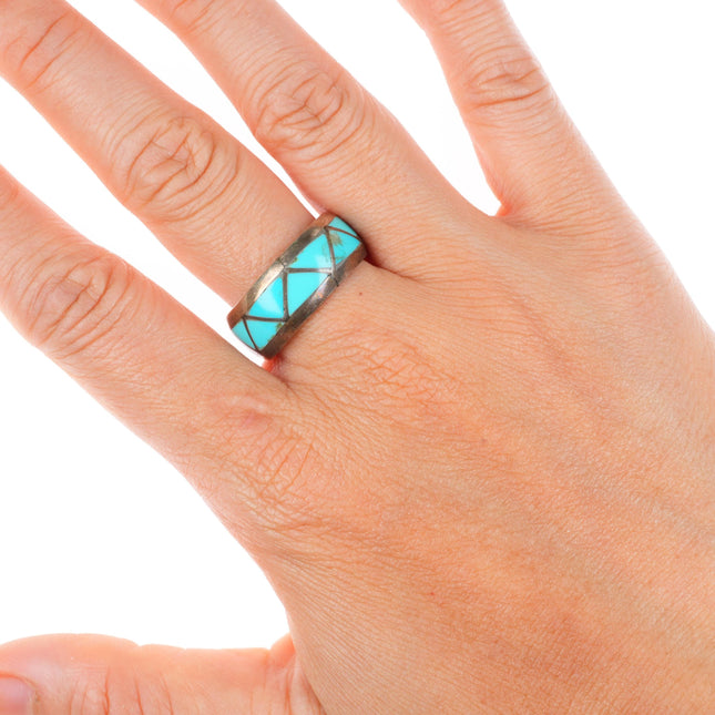 sz9.25 vintage Peshlakai Navajo sterling silver flush inlay turquoise ring