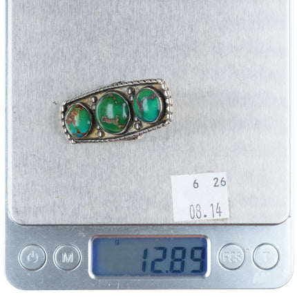 sz6.25 c1940 vintage Navajo sterling silver 3 stone greasy green turquoise ring