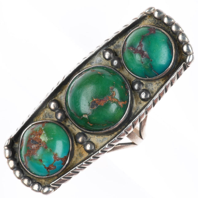 sz6.25 c1940 vintage Navajo sterling silver 3 stone greasy green turquoise ring