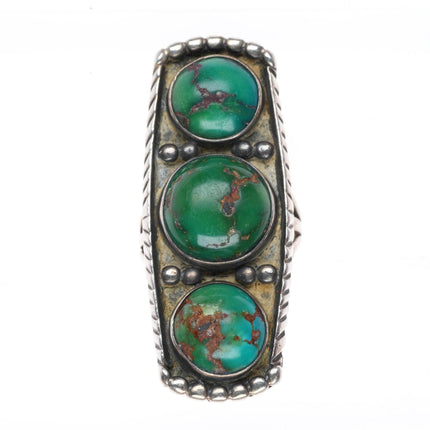 sz6.25 c1940 vintage Navajo sterling silver 3 stone greasy green turquoise ring