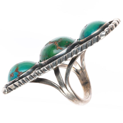 sz6.25 c1940 vintage Navajo sterling silver 3 stone greasy green turquoise ring