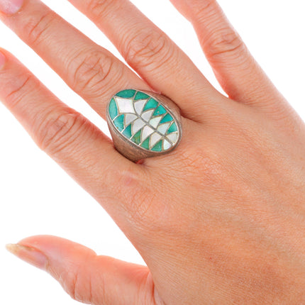 sz14 big vintage Edward & Pablita Quam turquoise/shell inlaid size 14 men's ring