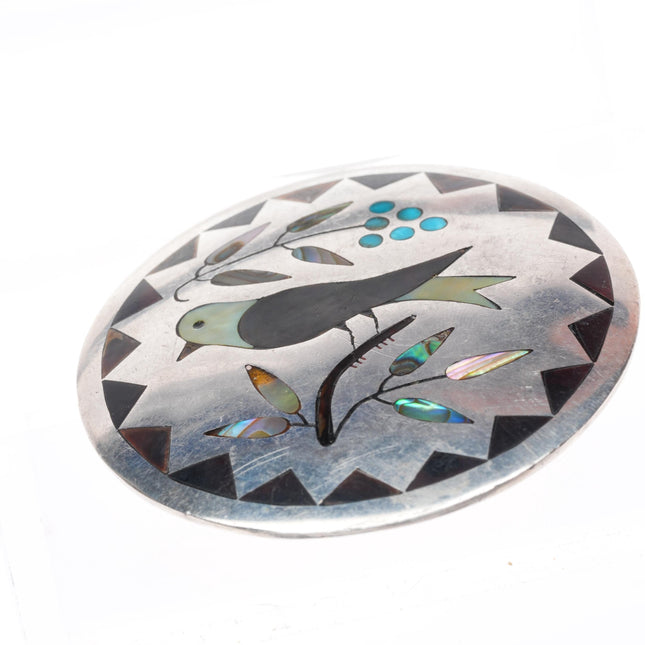 large Judy Wallace Zuni sterling silver Blue Gem turquoise bird inlay pendant