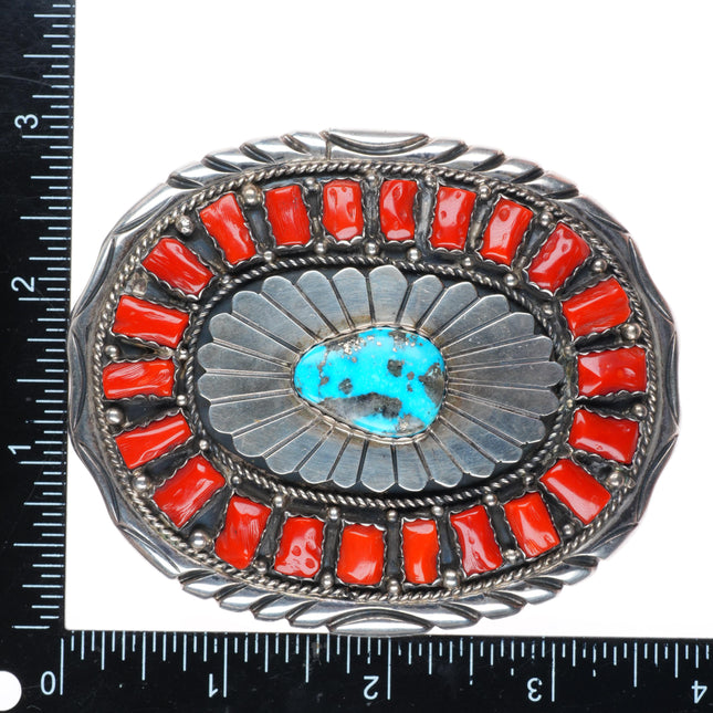 1.5" Big vintage Navajo sterling silver Morenci turquoise coral belt buckle