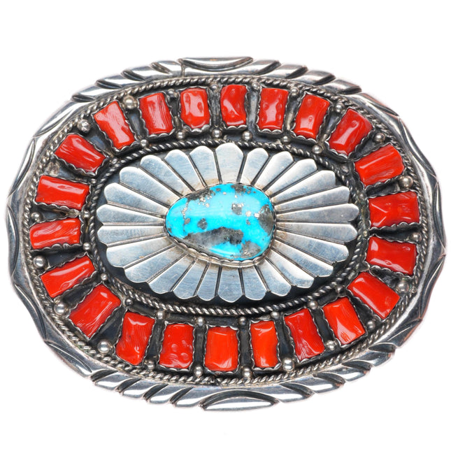 1.5" Big vintage Navajo sterling silver Morenci turquoise coral belt buckle