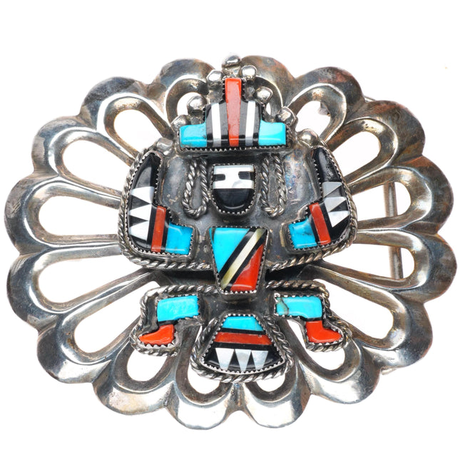 1.75" vintage Zuni sterling silver knifewing inlay belt buckle turquoise/coral