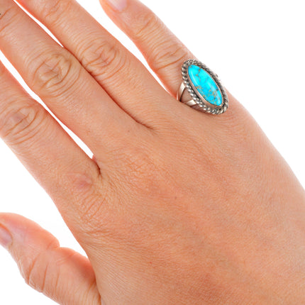 sz4.75 vintage Navajo high grade turquoise sterling silver rope bezel ring