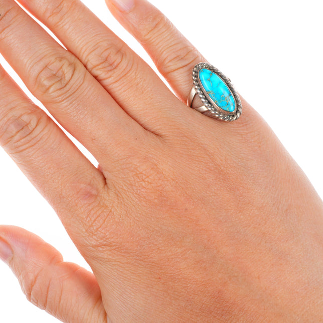 sz4.75 vintage Navajo high grade turquoise sterling silver rope bezel ring