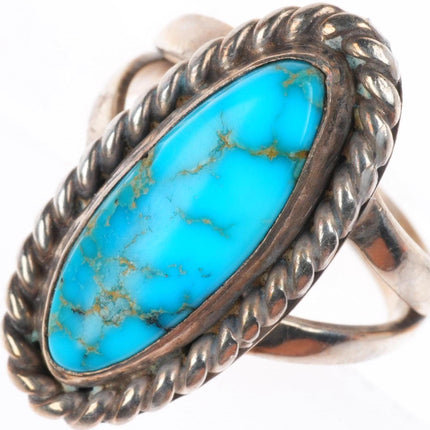sz4.75 vintage Navajo high grade turquoise sterling silver rope bezel ring