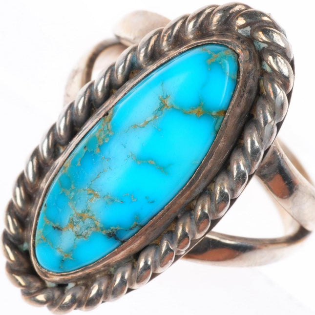 sz4.75 vintage Navajo high grade turquoise sterling silver rope bezel ring