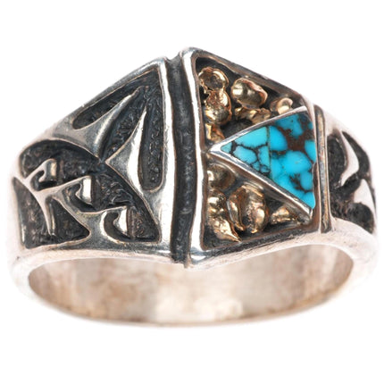 sz14 vintage Navajo 14k gold/sterling silver spiderweb turquoise ring